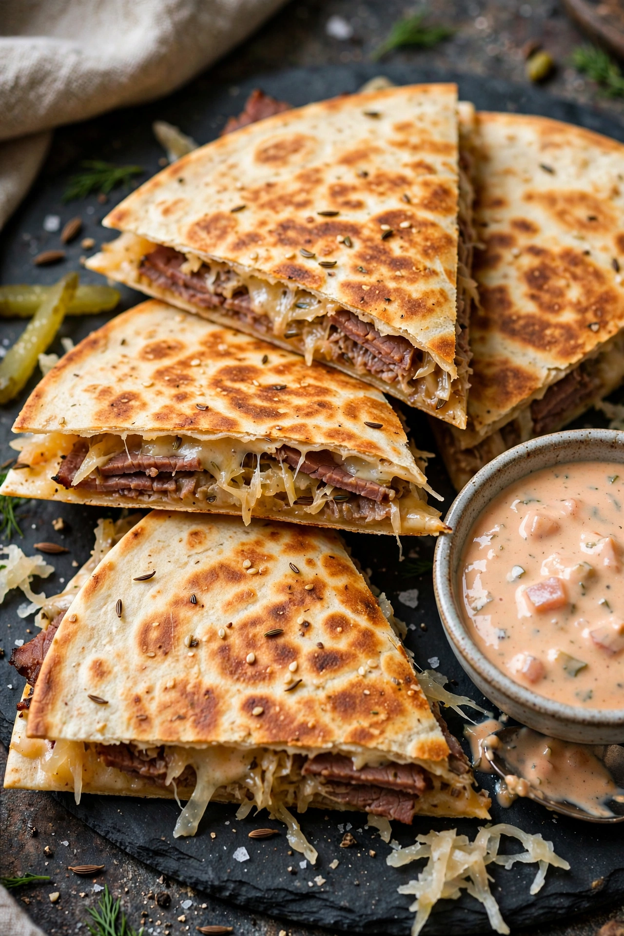 Reuben quesadilla triangles with thousand island dipping sauce