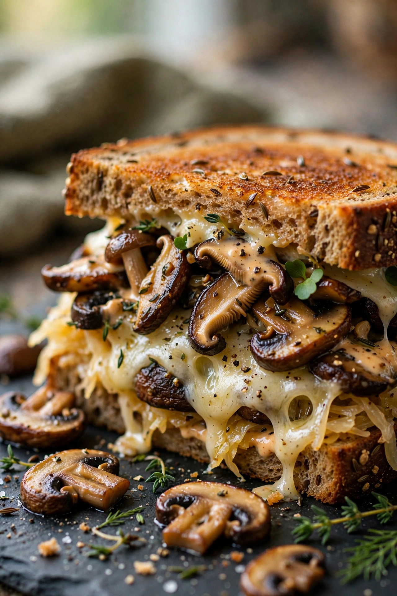 Vegetarian mushroom Reuben with sauteed mushrooms and Swiss