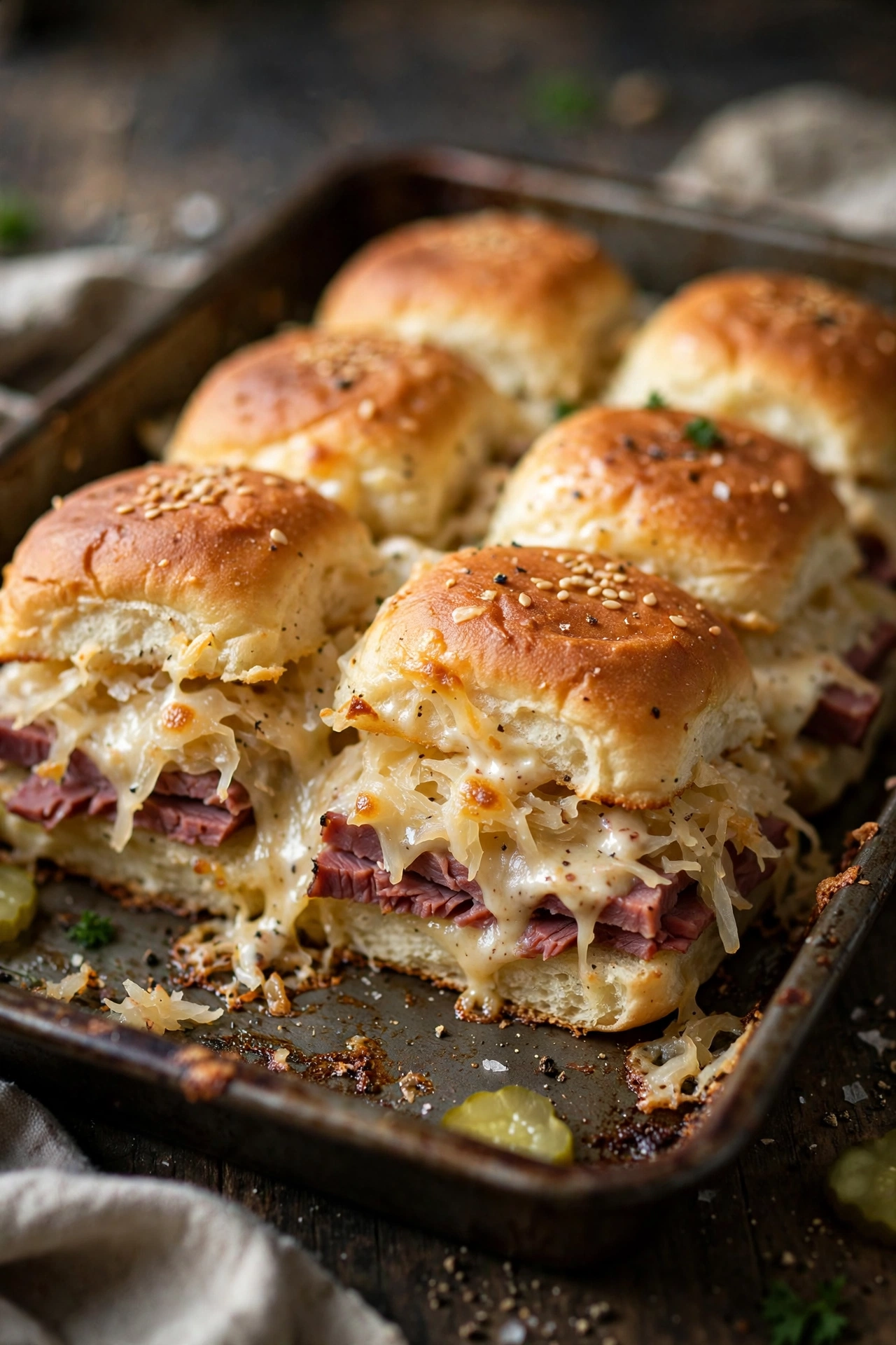 Reuben sliders on Hawaiian rolls in a baking pan