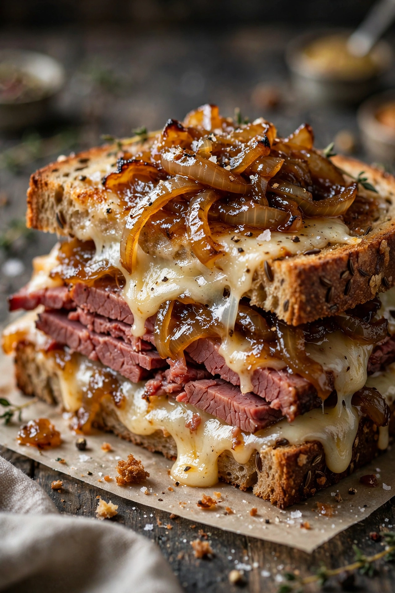 Corned beef melt sandwich with caramelized onions