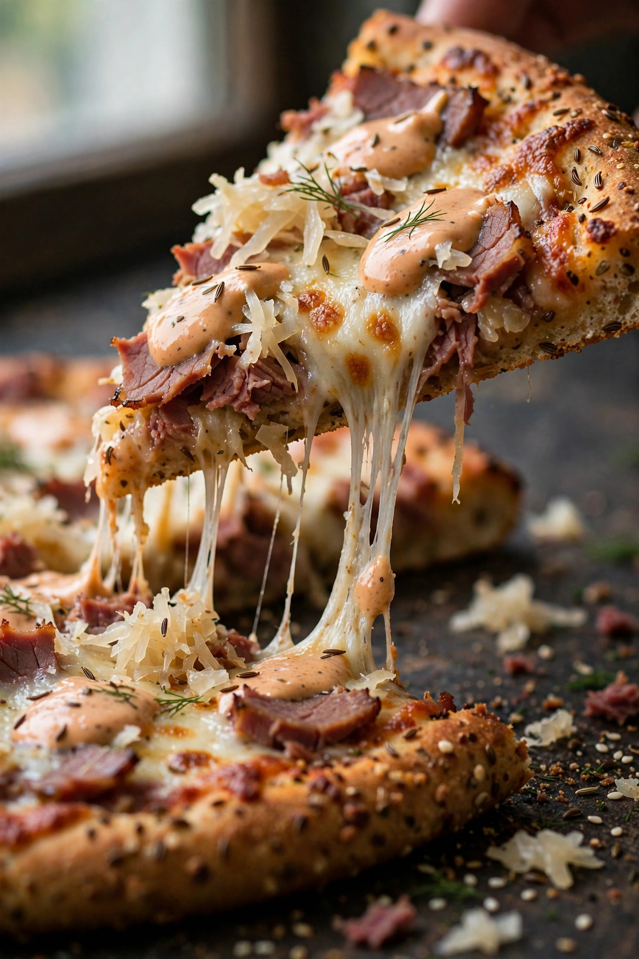 Reuben pizza slice being lifted with cheese pull