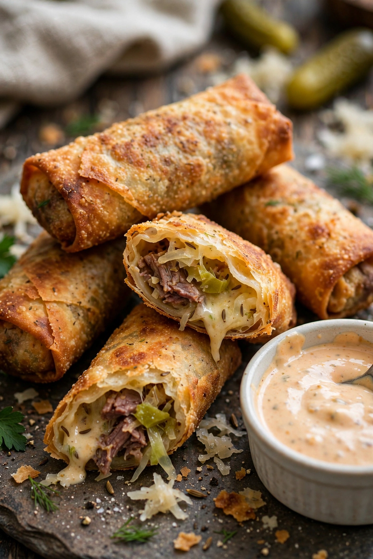 Crispy Reuben egg rolls with dipping sauce