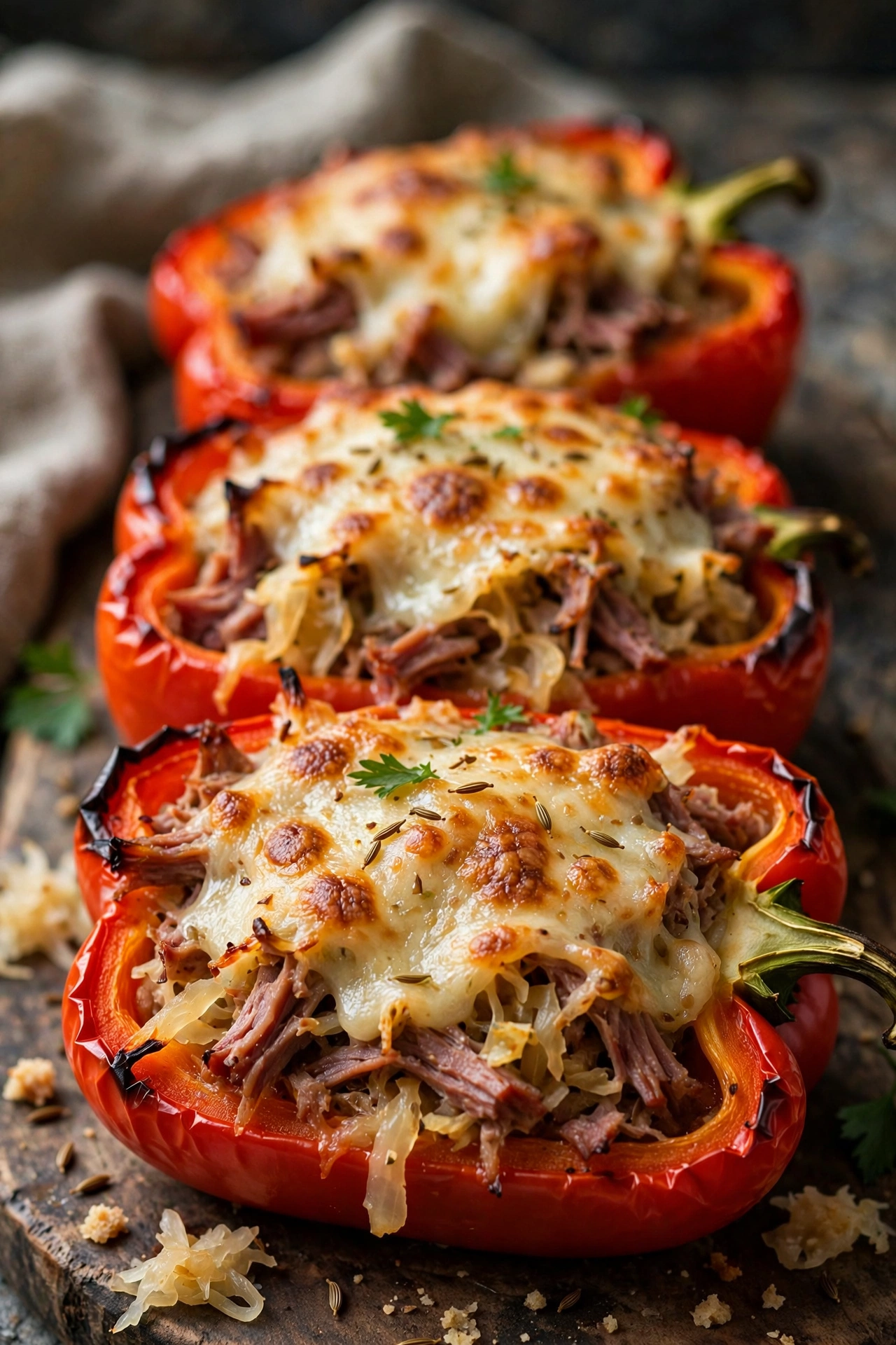 Reuben stuffed bell peppers baked with cheese top
