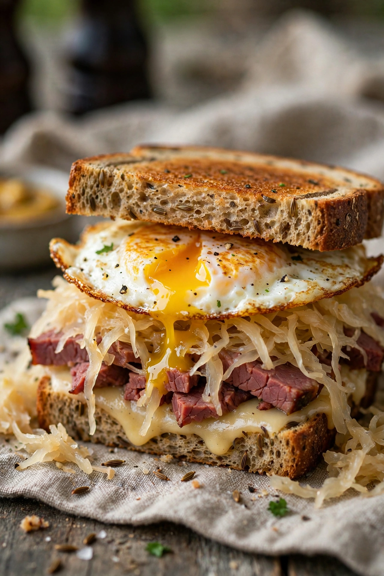 Reuben breakfast sandwich with fried egg