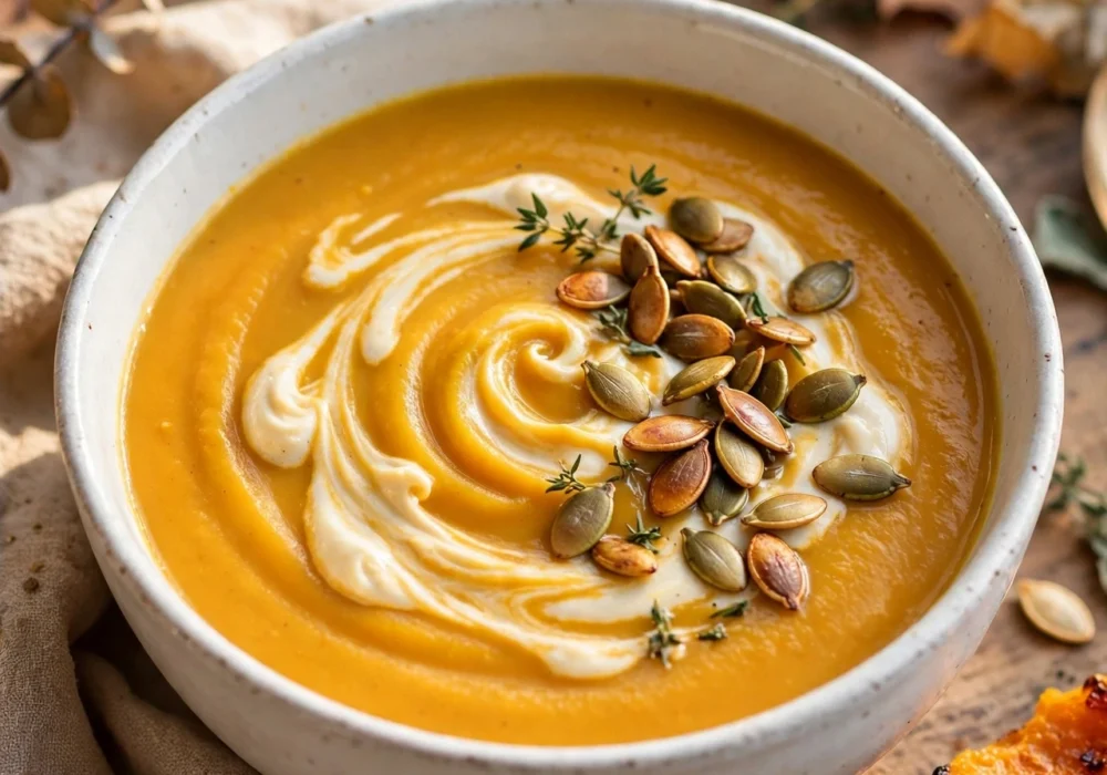 Creamy roasted butternut squash soup in a bowl with toasted seeds
