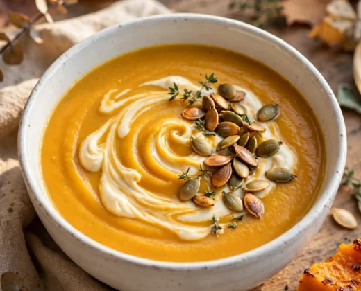 Creamy roasted butternut squash soup in a bowl with toasted seeds