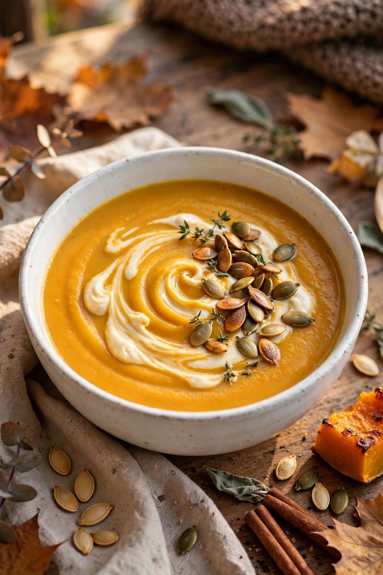 Creamy roasted butternut squash soup in a bowl with toasted seeds