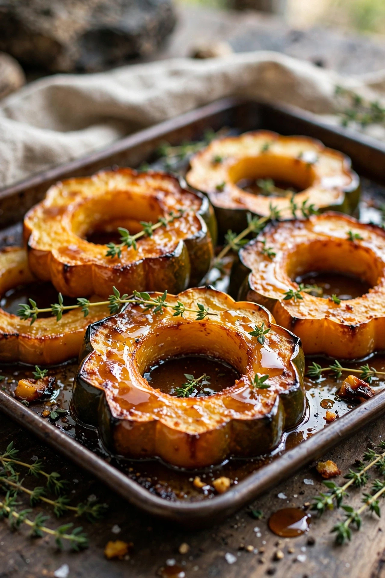Golden roasted acorn squash rings with herbs on a baking sheet