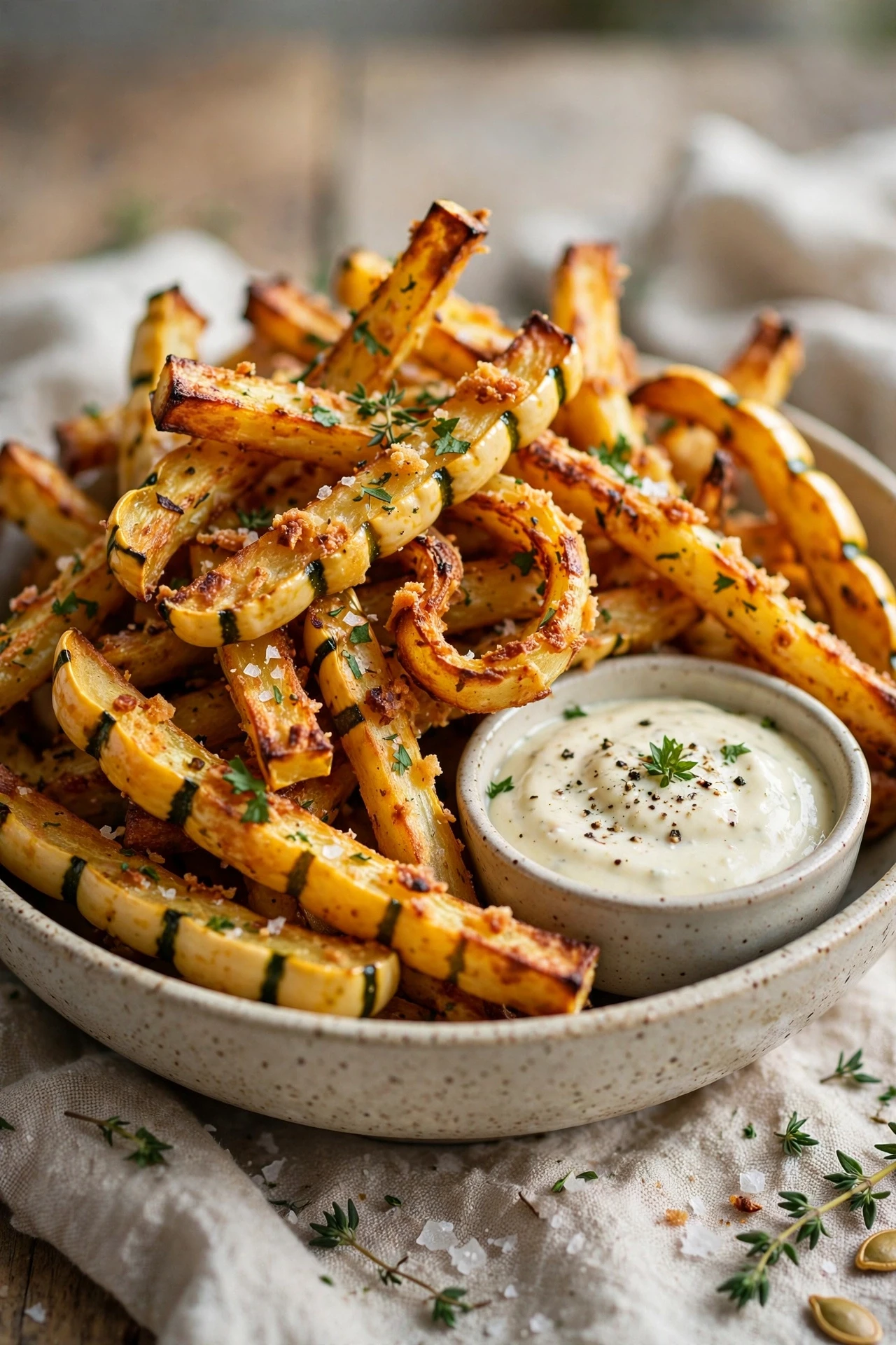 Crispy delicata squash fries with dipping sauce