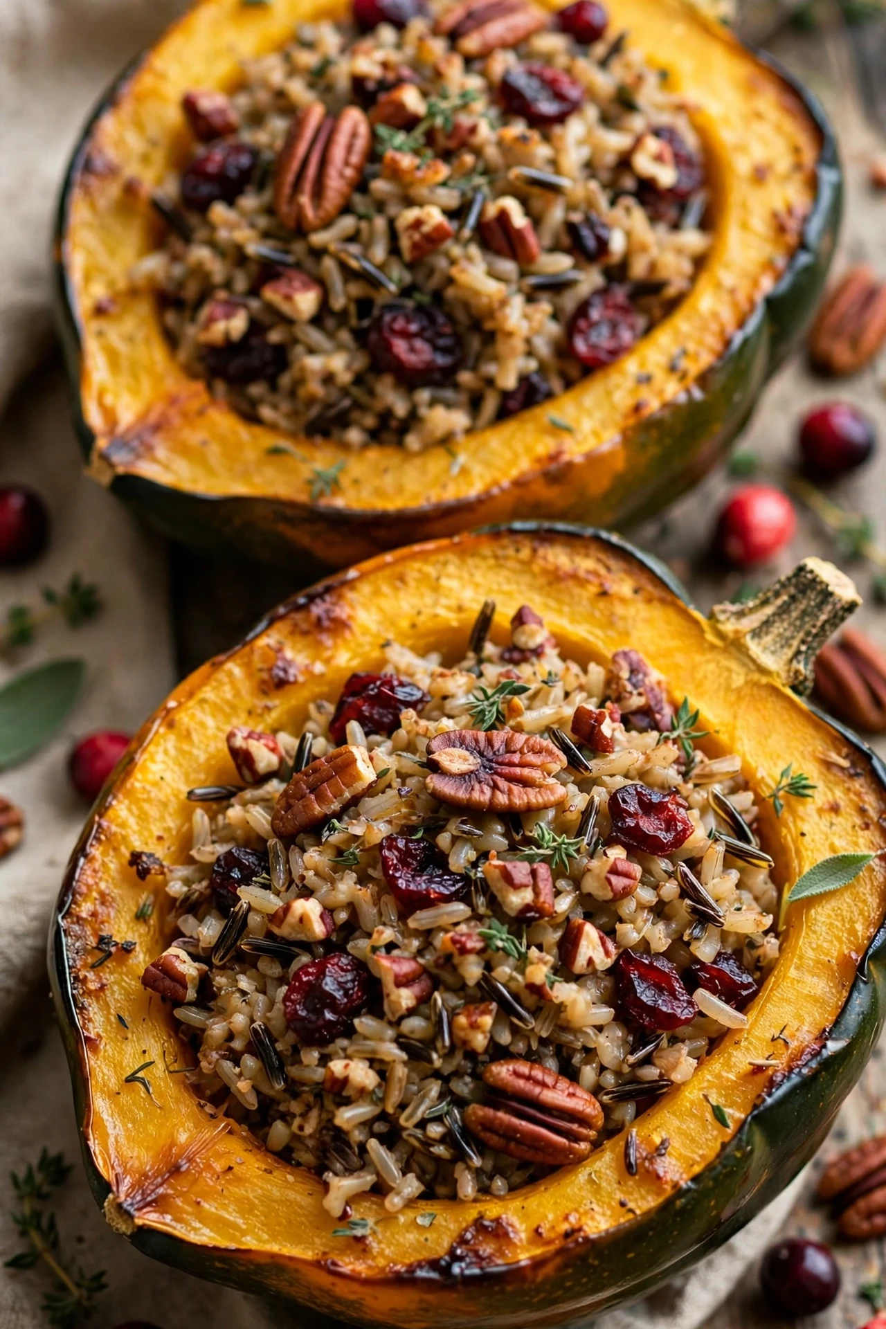 Stuffed acorn squash halves filled with wild rice and cranberries