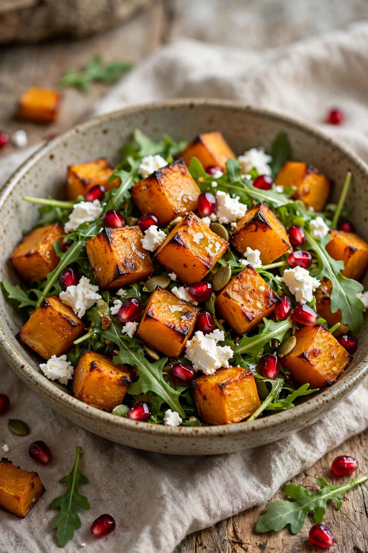 Roasted butternut squash salad with greens, goat cheese and pecans