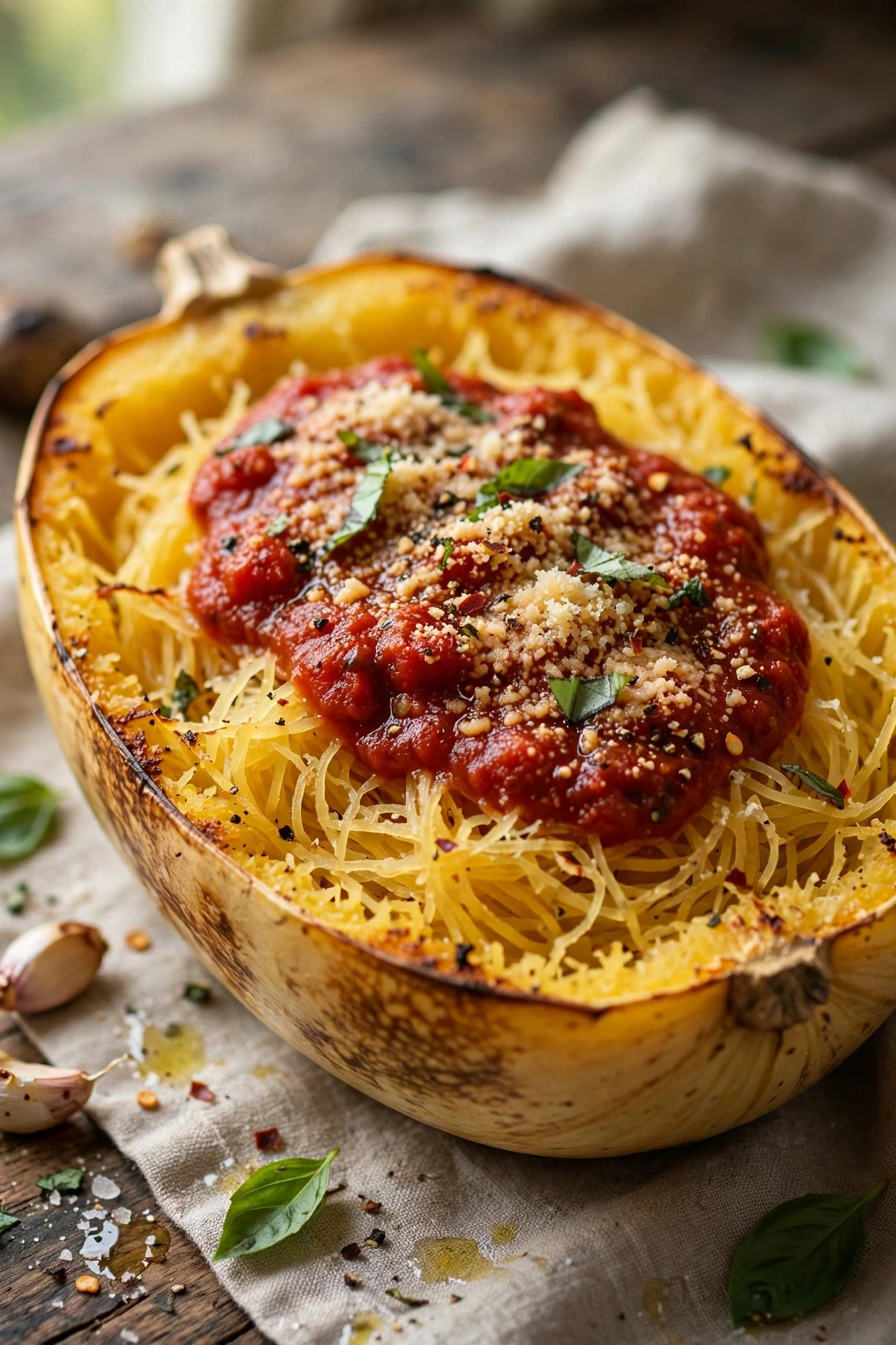 Roasted spaghetti squash strands in the shell with parmesan