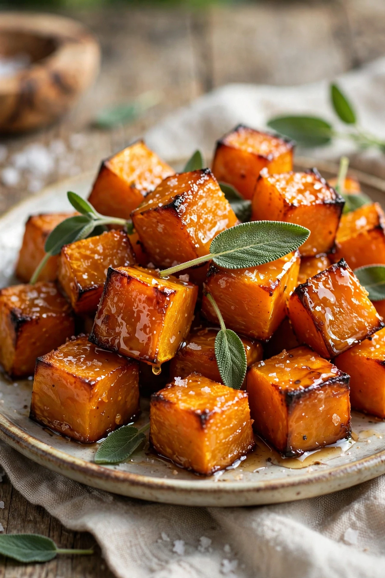 Honey glazed roasted butternut squash cubes with thyme