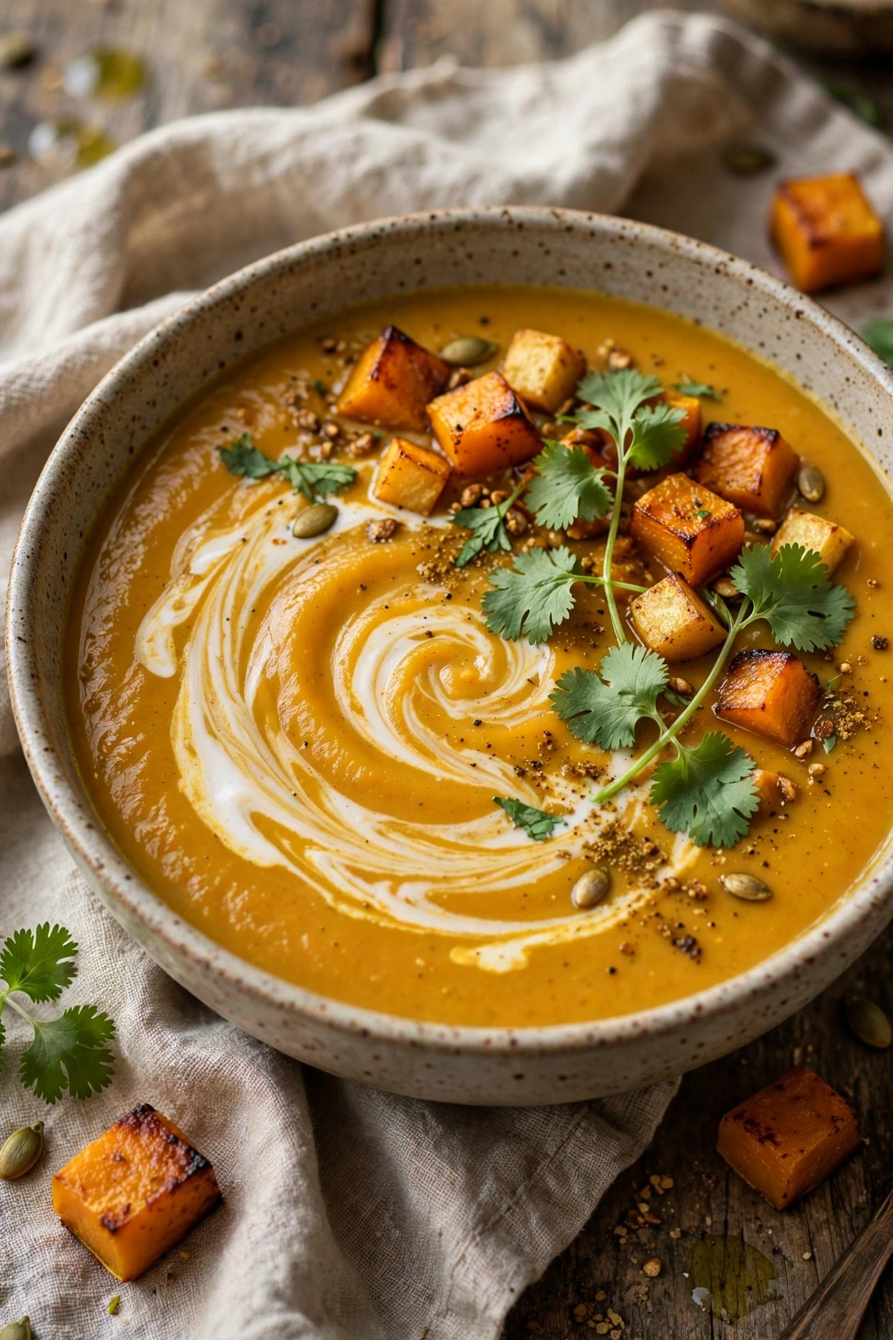 Curried butternut squash soup with coconut milk swirl
