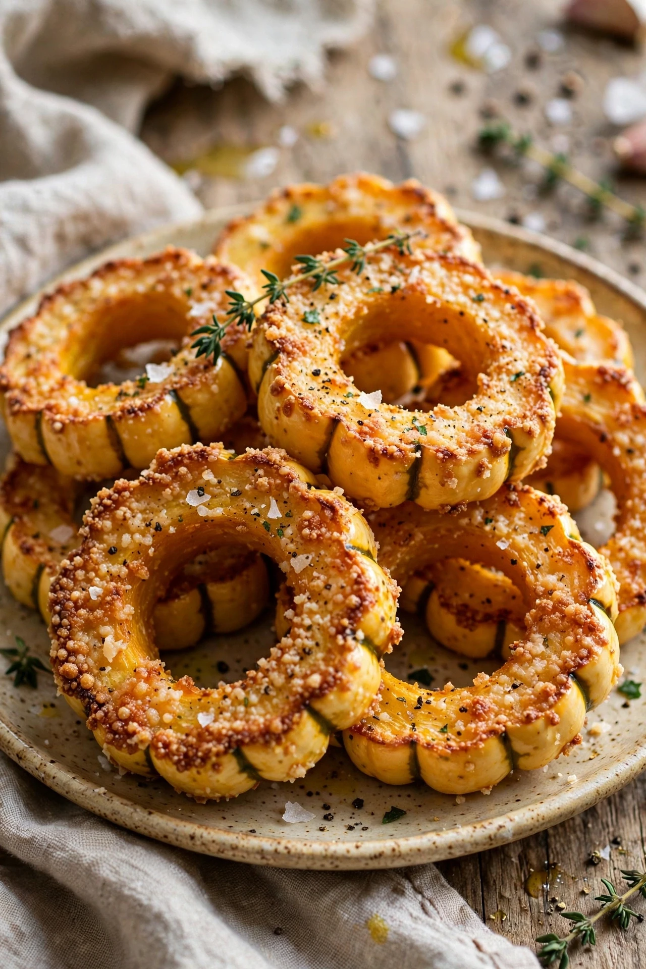 Parmesan crusted delicata squash rings on a platter
