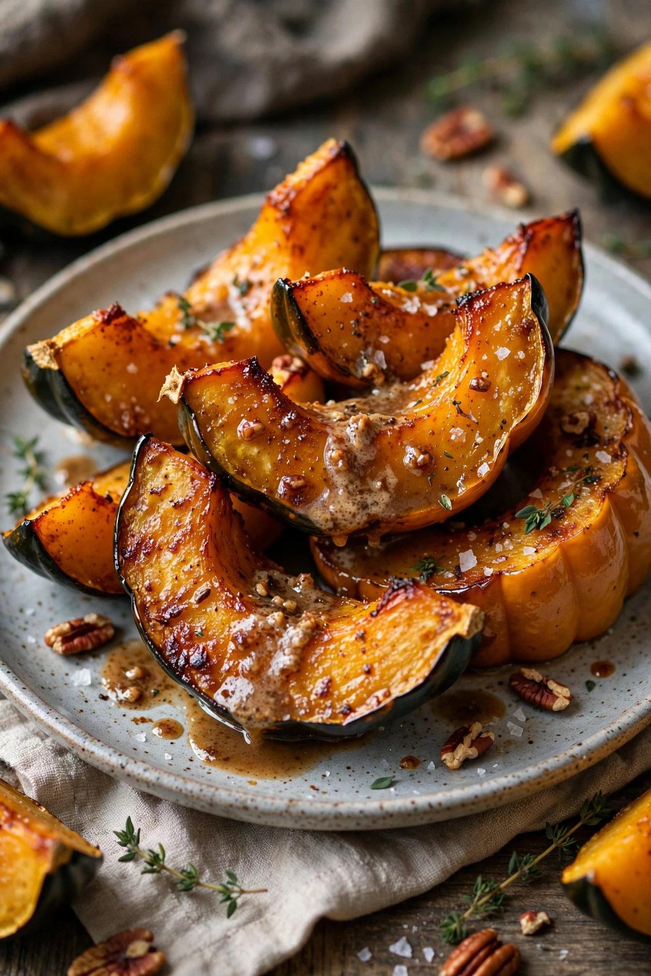 Maple glazed acorn squash wedges with pecans