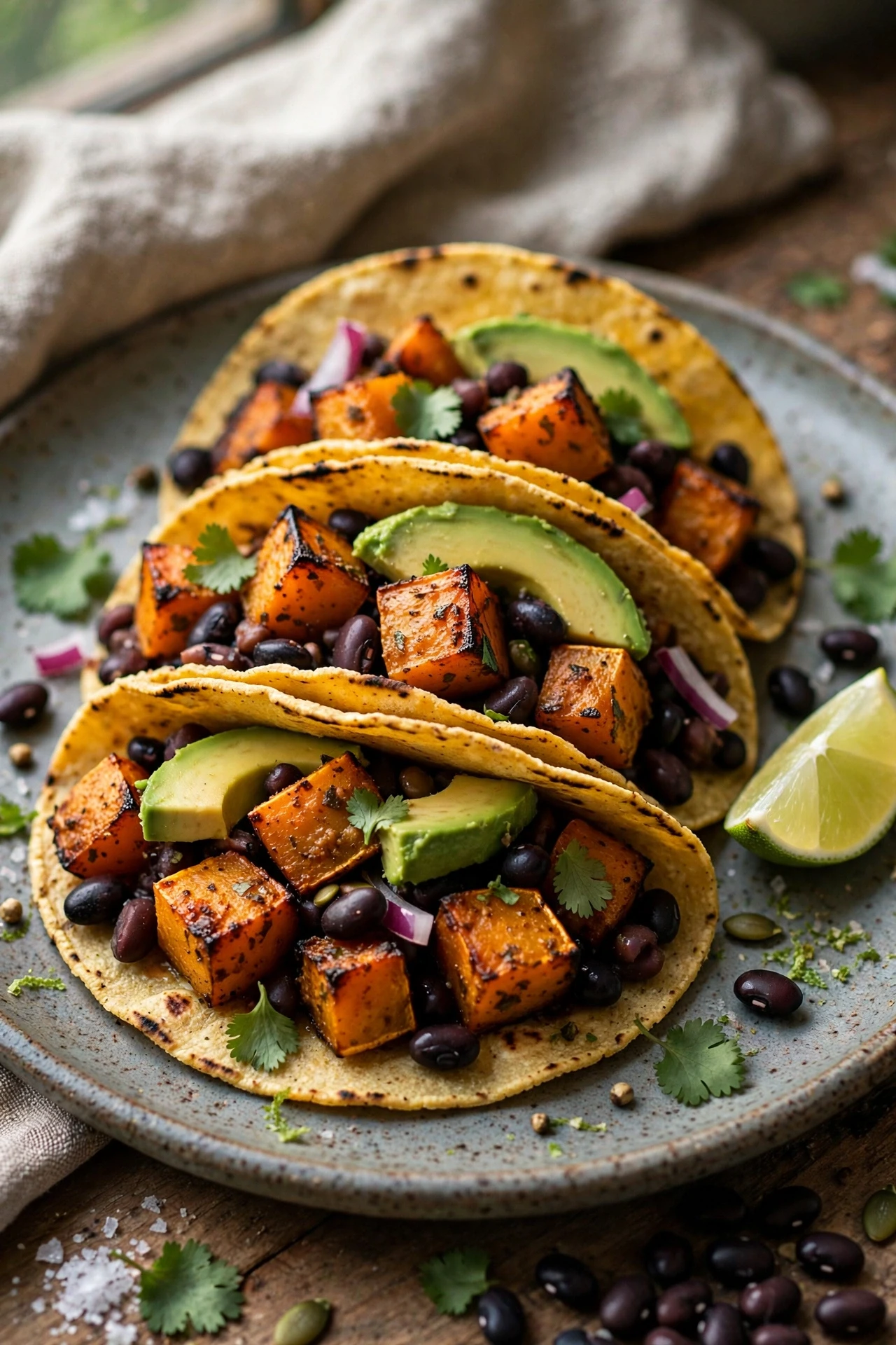 Roasted squash tacos with slaw and crema in tortillas