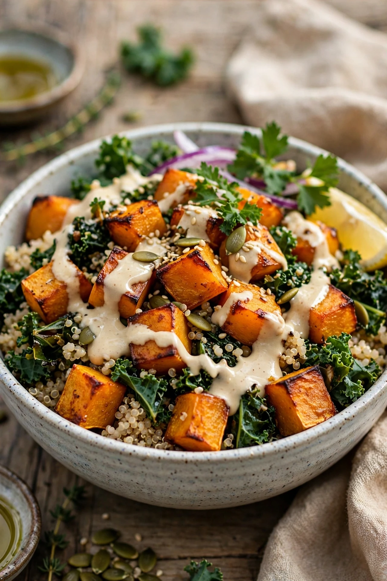 Roasted squash harvest bowl with grains, greens and tahini drizzle
