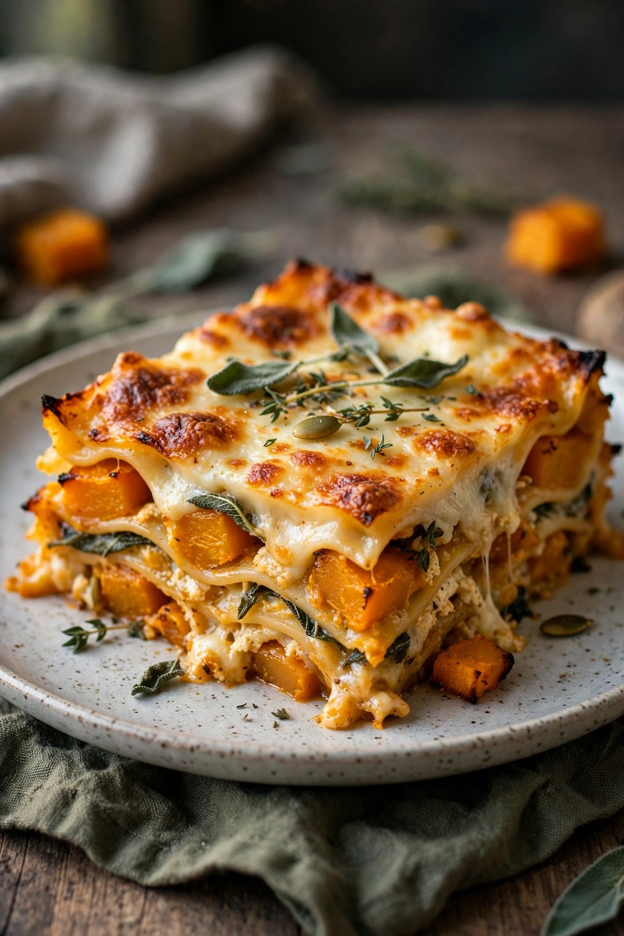 Slice of roasted squash lasagna with melted cheese
