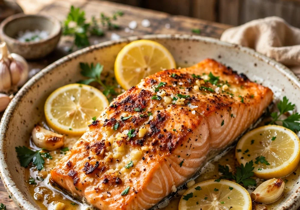 Garlic butter baked salmon fillet with golden crispy top, melted garlic butter, lemon slices and parsley