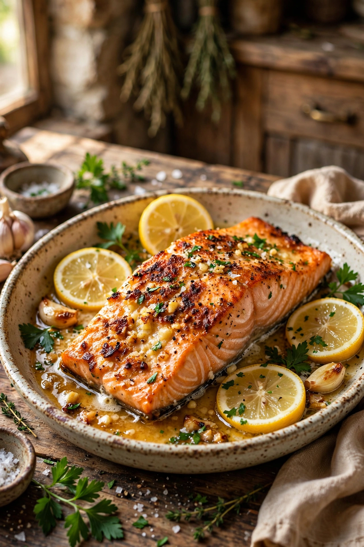 Garlic butter baked salmon fillet with golden crispy top, melted garlic butter, lemon slices and parsley