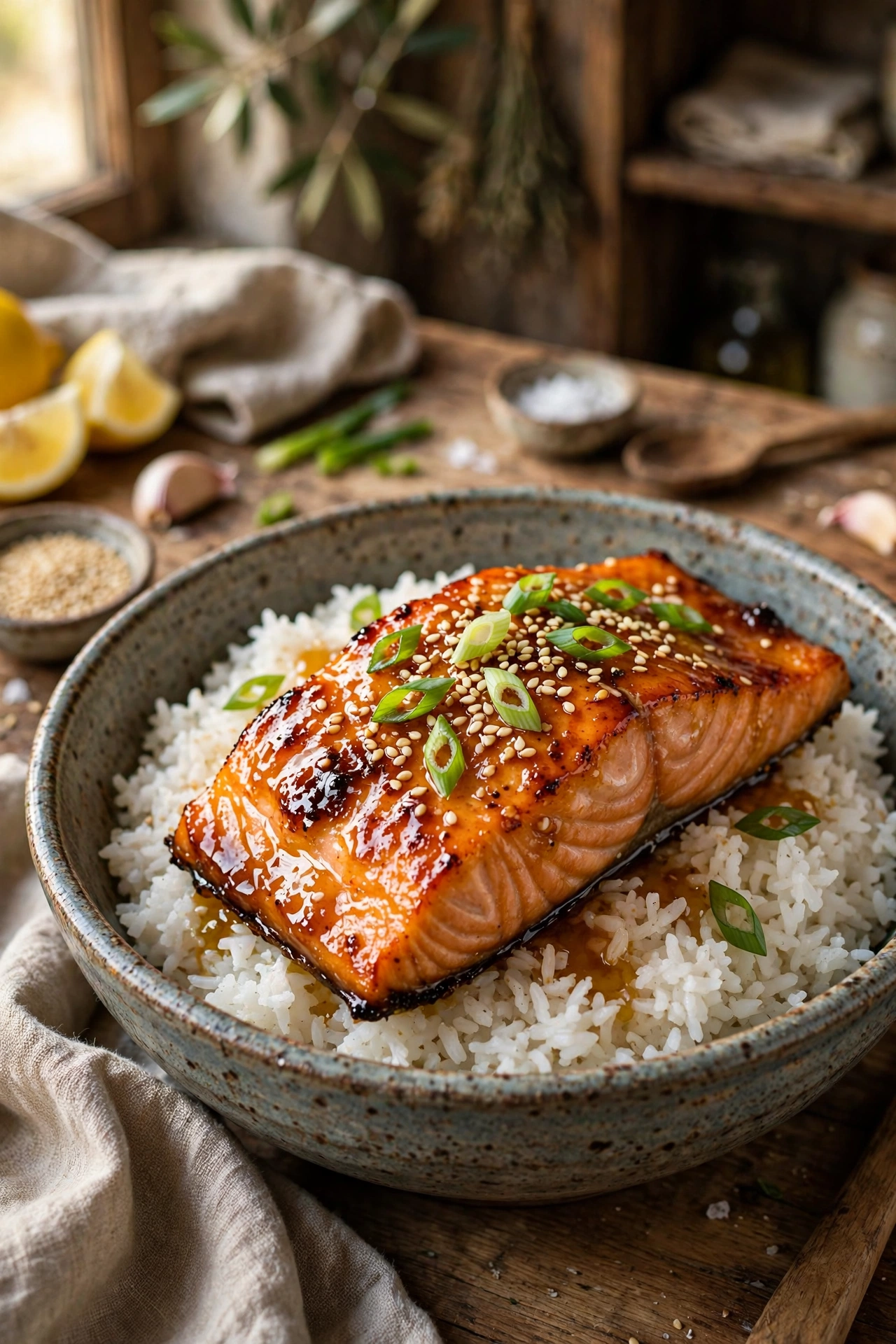 Honey glazed salmon fillet with caramelized sticky glaze, sesame seeds and green onions over rice