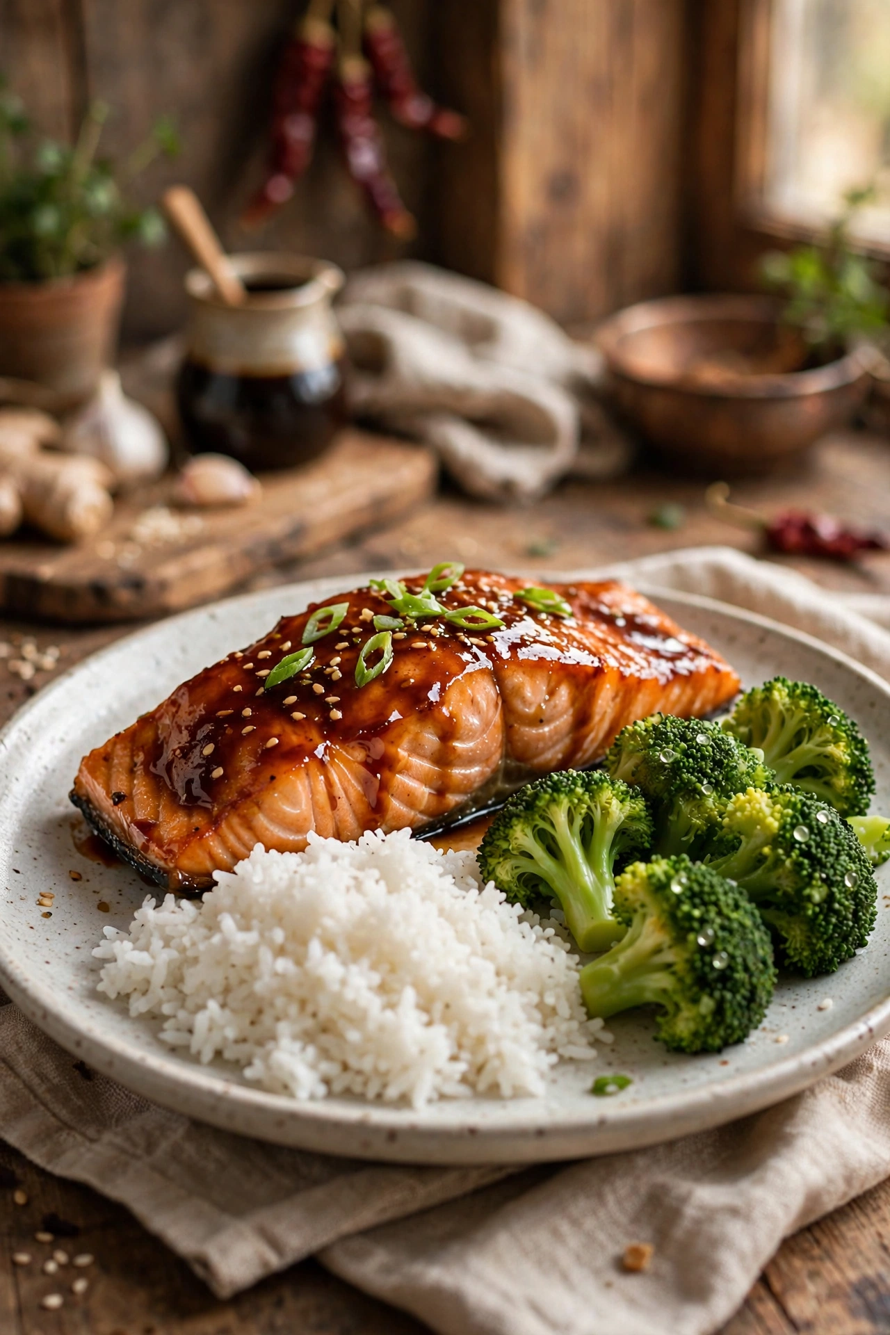 Teriyaki salmon fillet with glossy teriyaki glaze, steamed broccoli and white rice on a plate