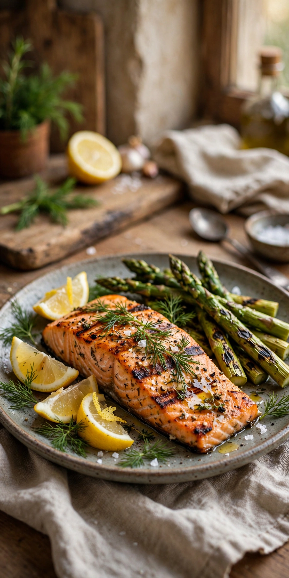 Lemon herb grilled salmon fillet with char marks, fresh dill and lemon wedges, grilled asparagus alongside