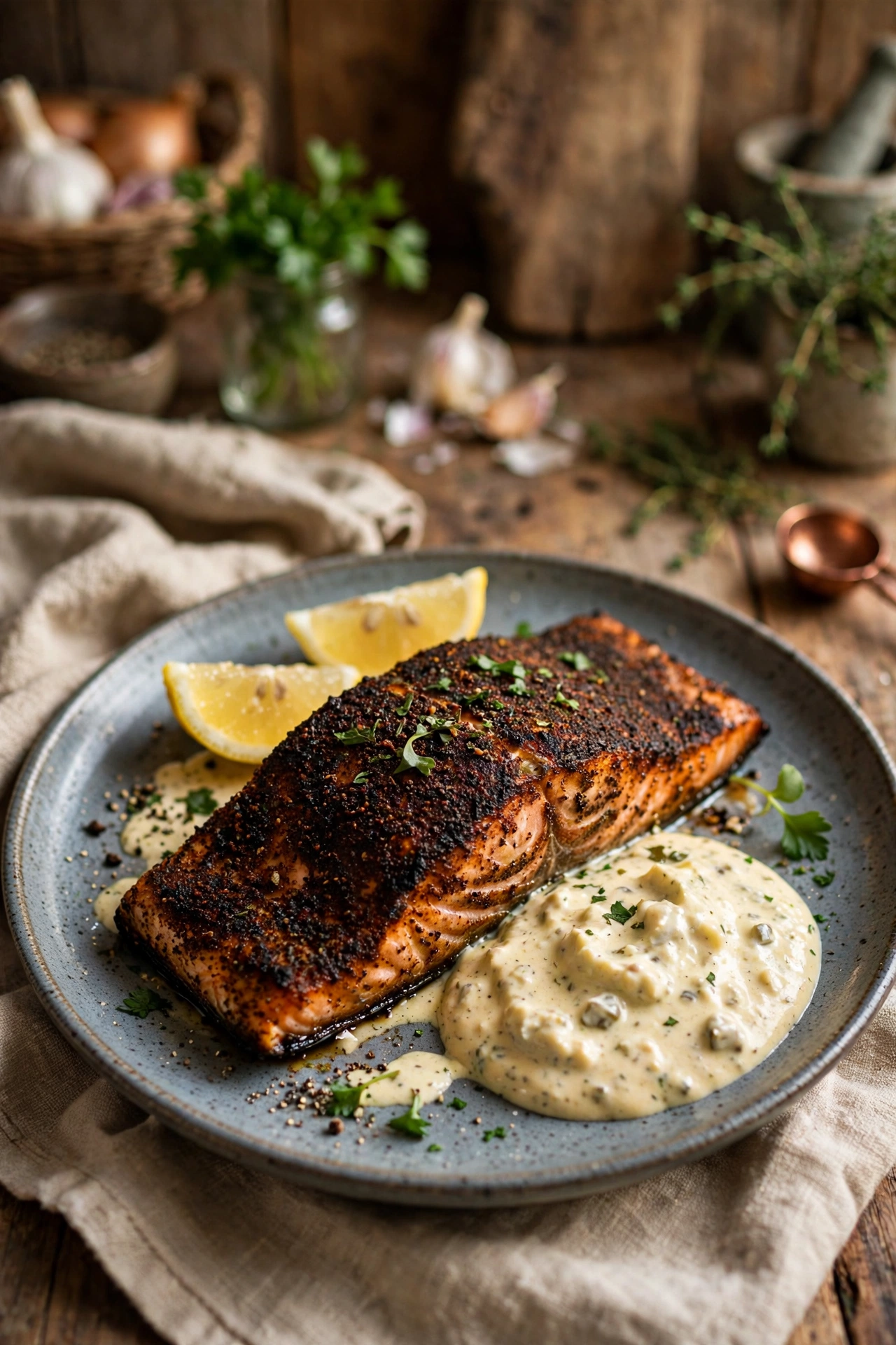 Blackened cajun salmon fillet with dark spice crust, creamy remoulade sauce and lemon wedge