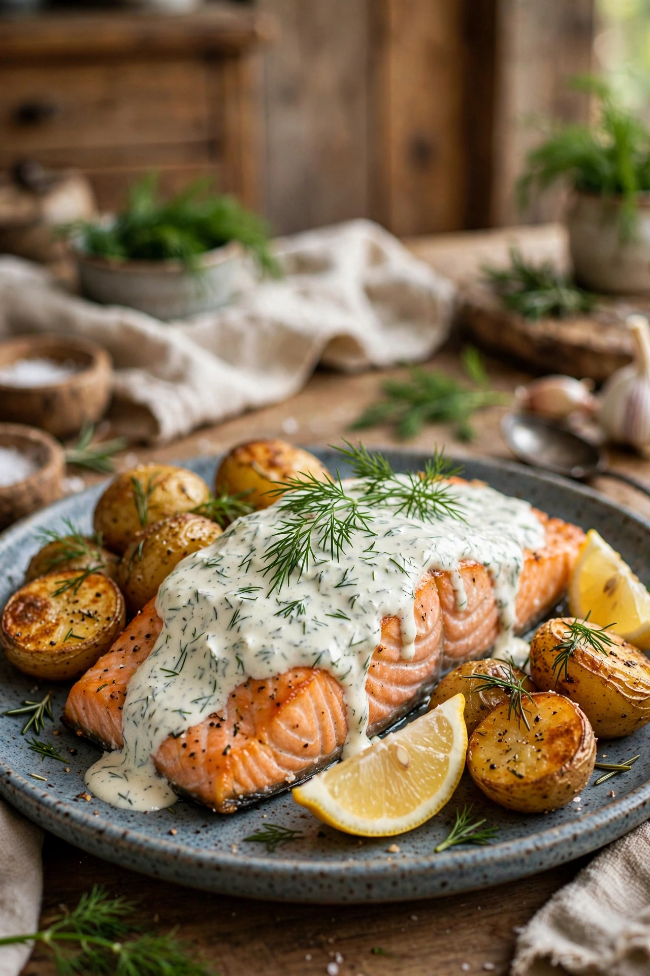 Baked salmon fillet with creamy dill sauce spooned over the top, fresh dill sprigs and lemon, roasted potatoes