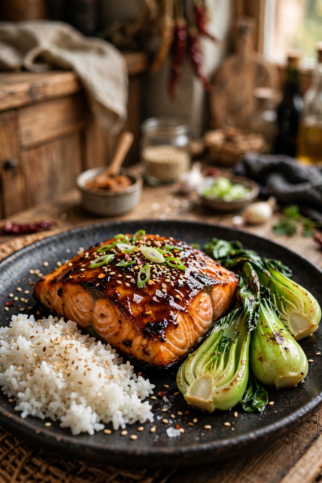 Miso glazed salmon fillet with caramelized miso glaze, bok choy and sesame rice on a dark plate