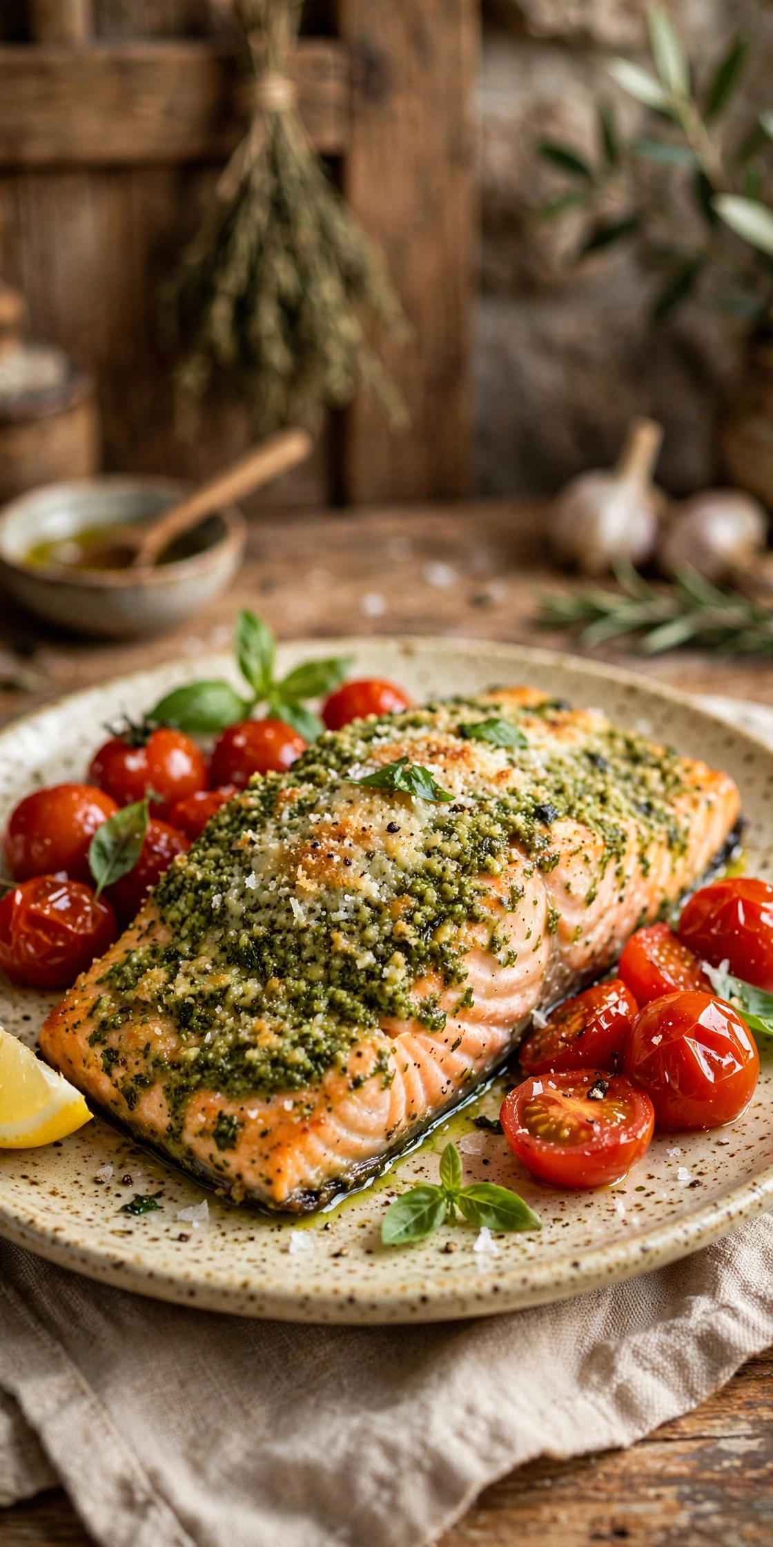 Pesto crusted salmon fillet with bright green basil pesto and parmesan crust, cherry tomatoes alongside