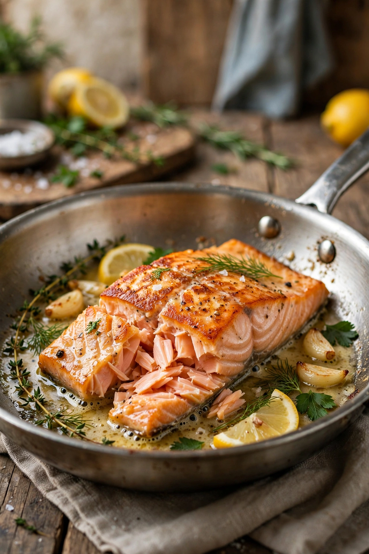 Pan-seared salmon fillet with crispy golden skin, flaky moist interior, lemon butter sauce and fresh herbs