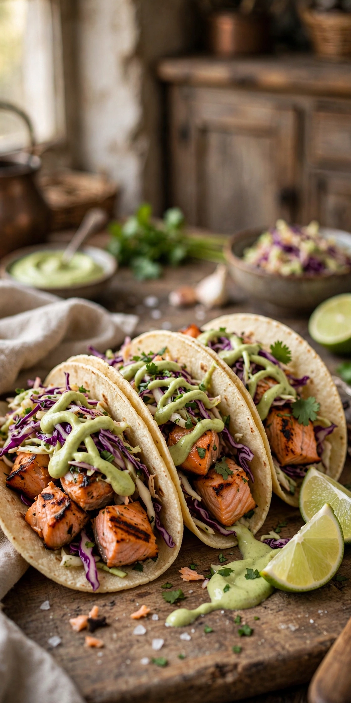 Salmon tacos in soft corn tortillas with grilled salmon chunks, cabbage slaw, avocado crema and lime wedges
