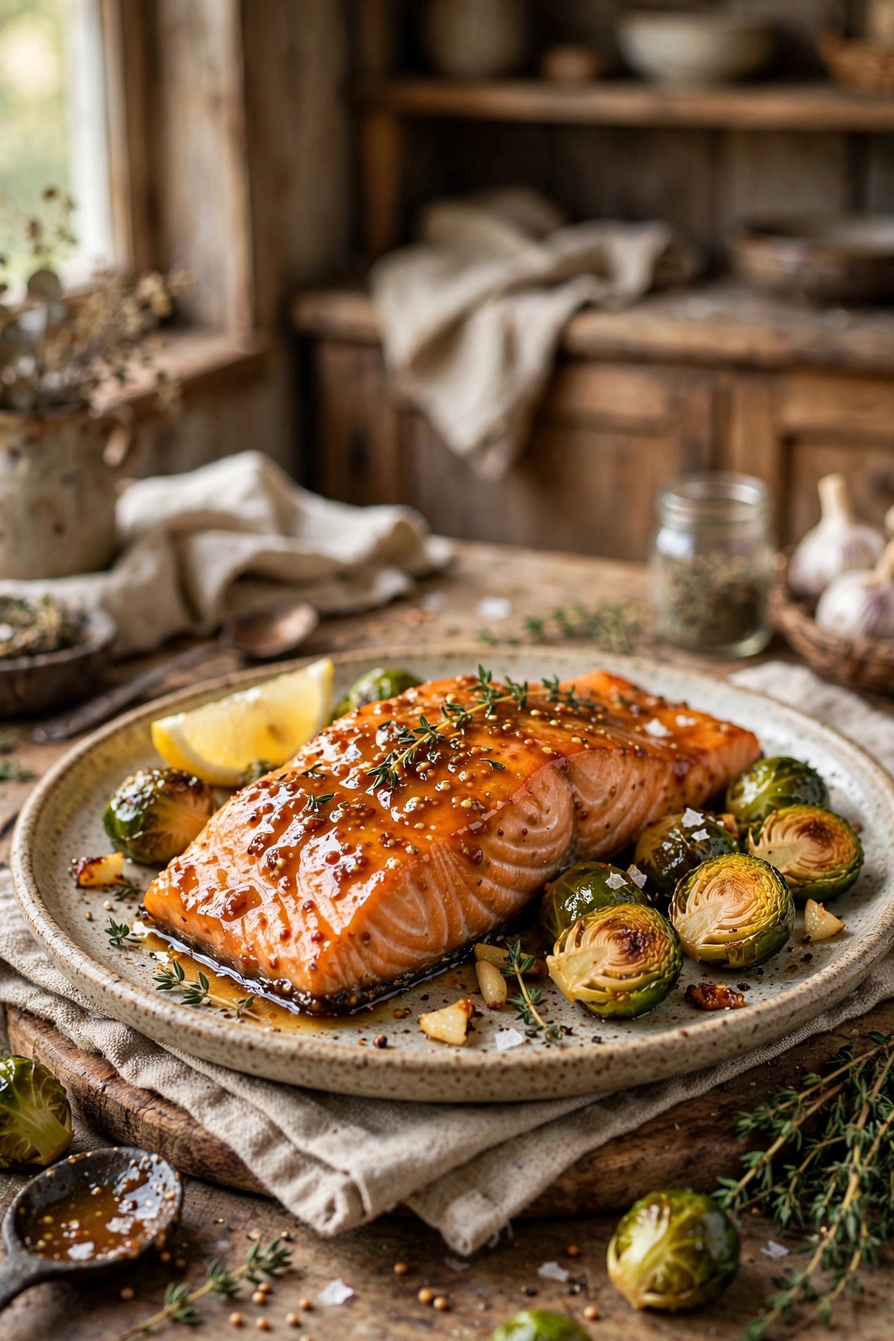 Maple dijon salmon fillet with glossy maple mustard glaze, roasted brussels sprouts alongside