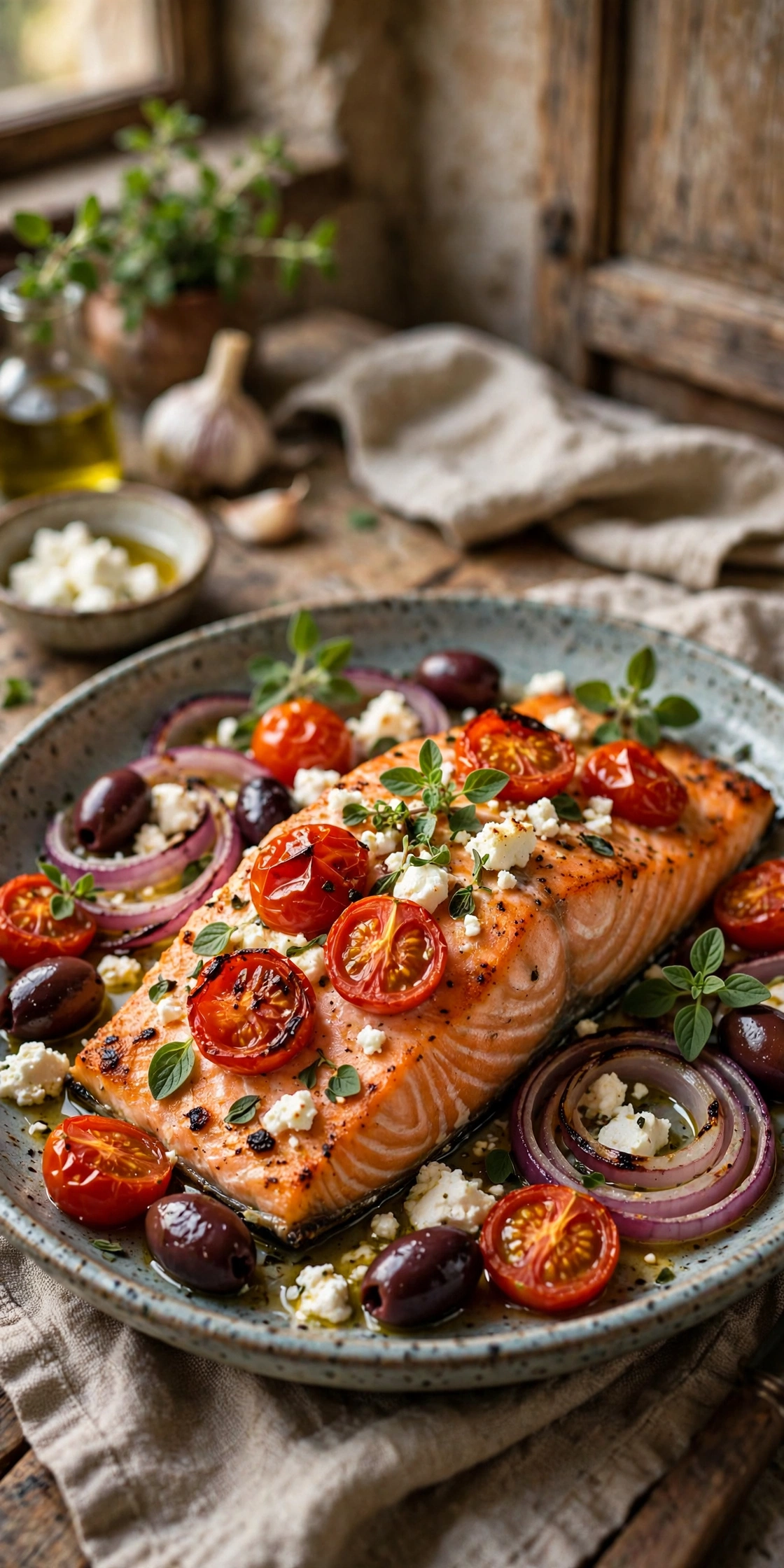 Mediterranean baked salmon with cherry tomatoes, kalamata olives, red onion, feta crumbles and fresh oregano