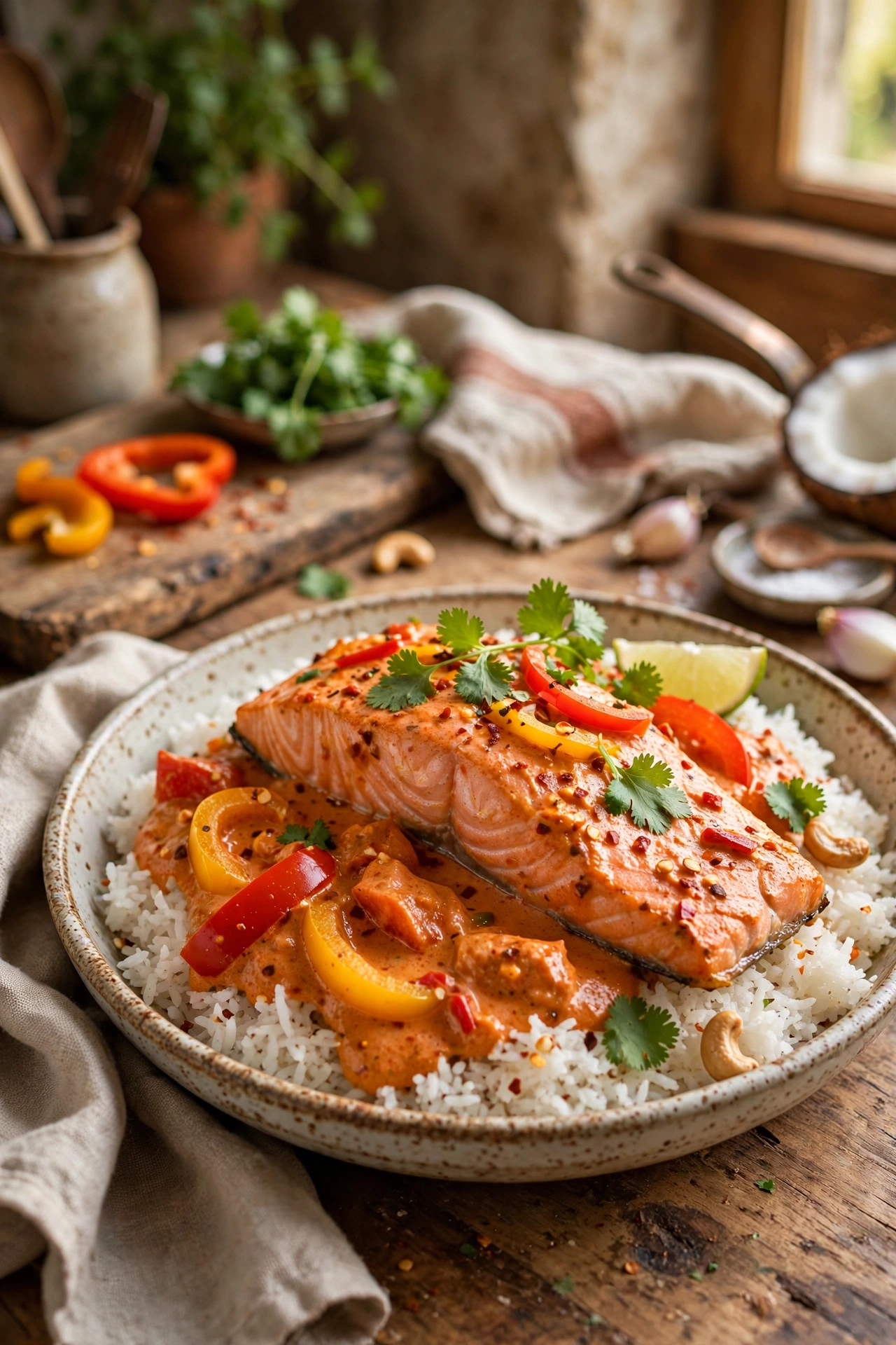Coconut curry salmon fillet in creamy red curry sauce with bell peppers over jasmine rice, fresh cilantro