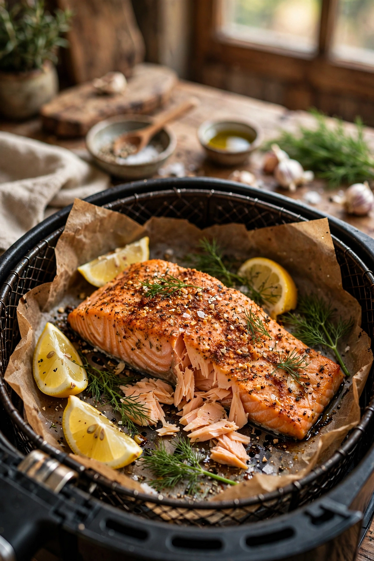 Air fryer salmon fillet with crispy seasoned exterior, flaky interior, lemon wedges and fresh dill