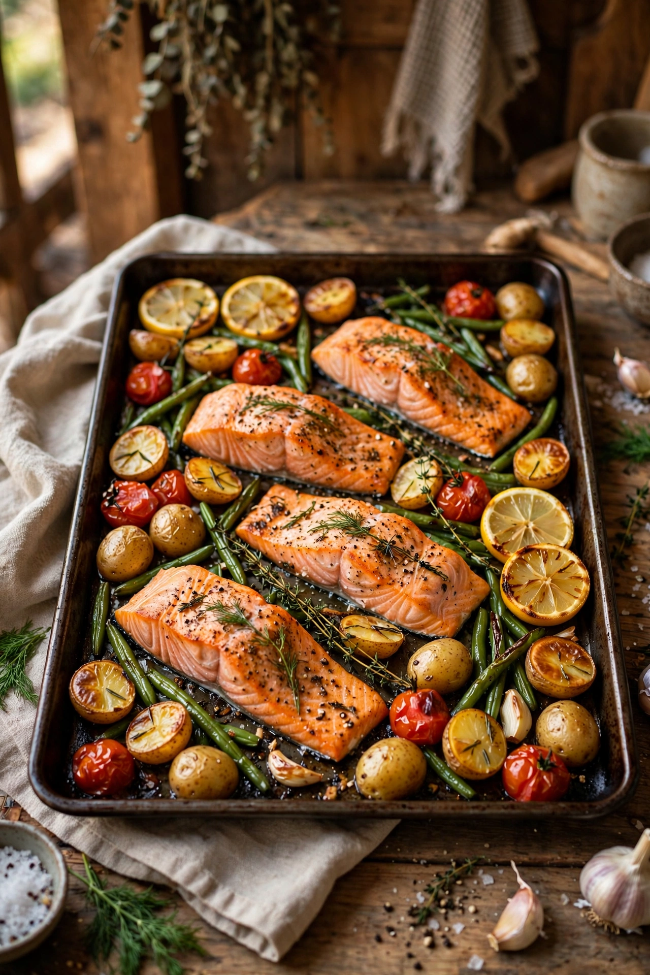 Salmon sheet pan dinner with salmon fillets, baby potatoes, green beans and cherry tomatoes roasted on a sheet pan