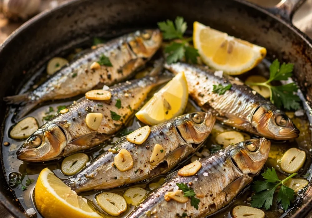 Classic lemon garlic sardines warmed in olive oil with sliced garlic, lemon wedges and parsley in a skillet