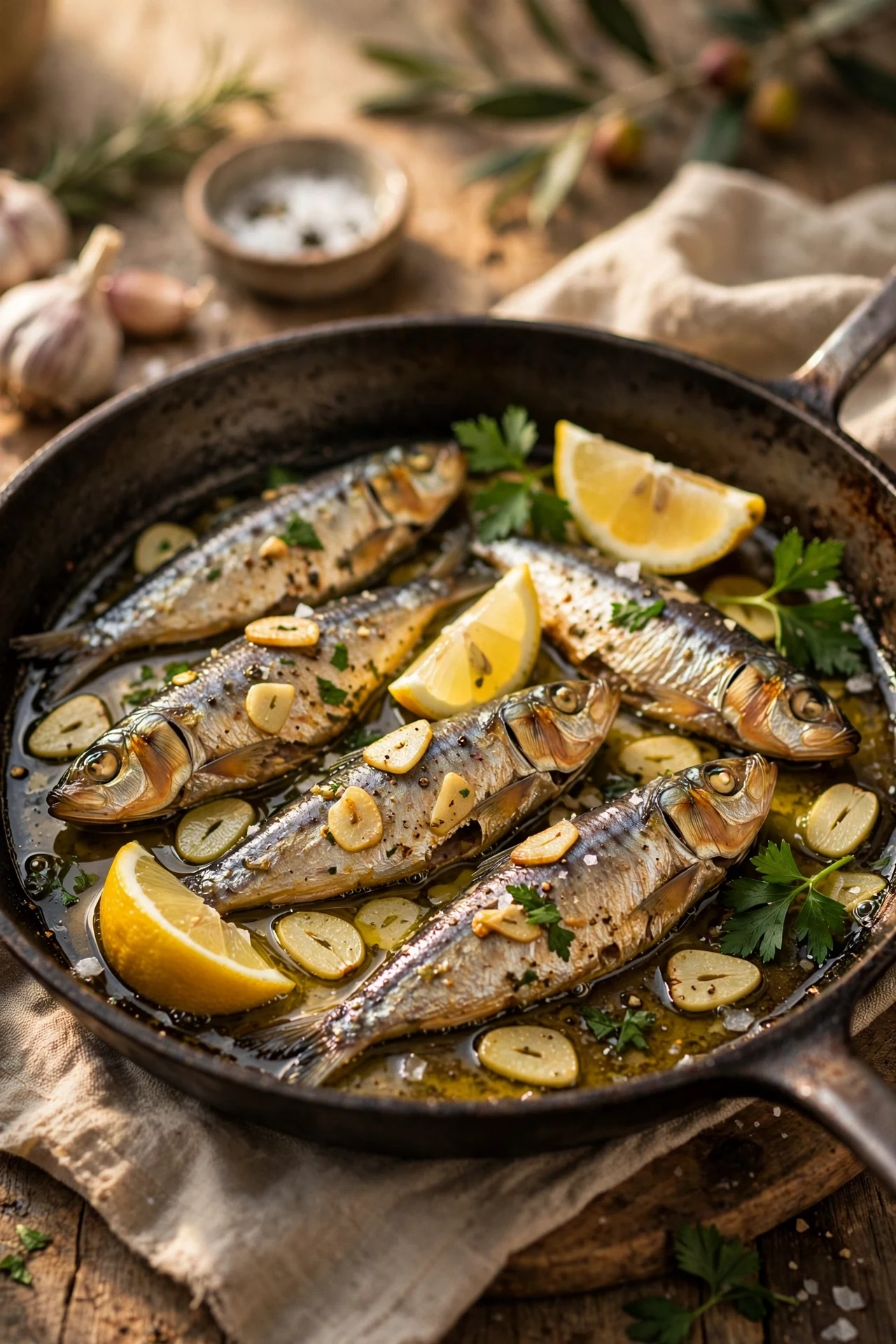 Classic lemon garlic sardines warmed in olive oil with sliced garlic, lemon wedges and parsley in a skillet