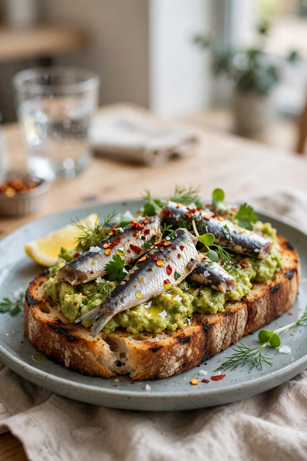 Sardine avocado toast on grilled sourdough with smashed avocado, sardine fillets, chili flakes and herbs