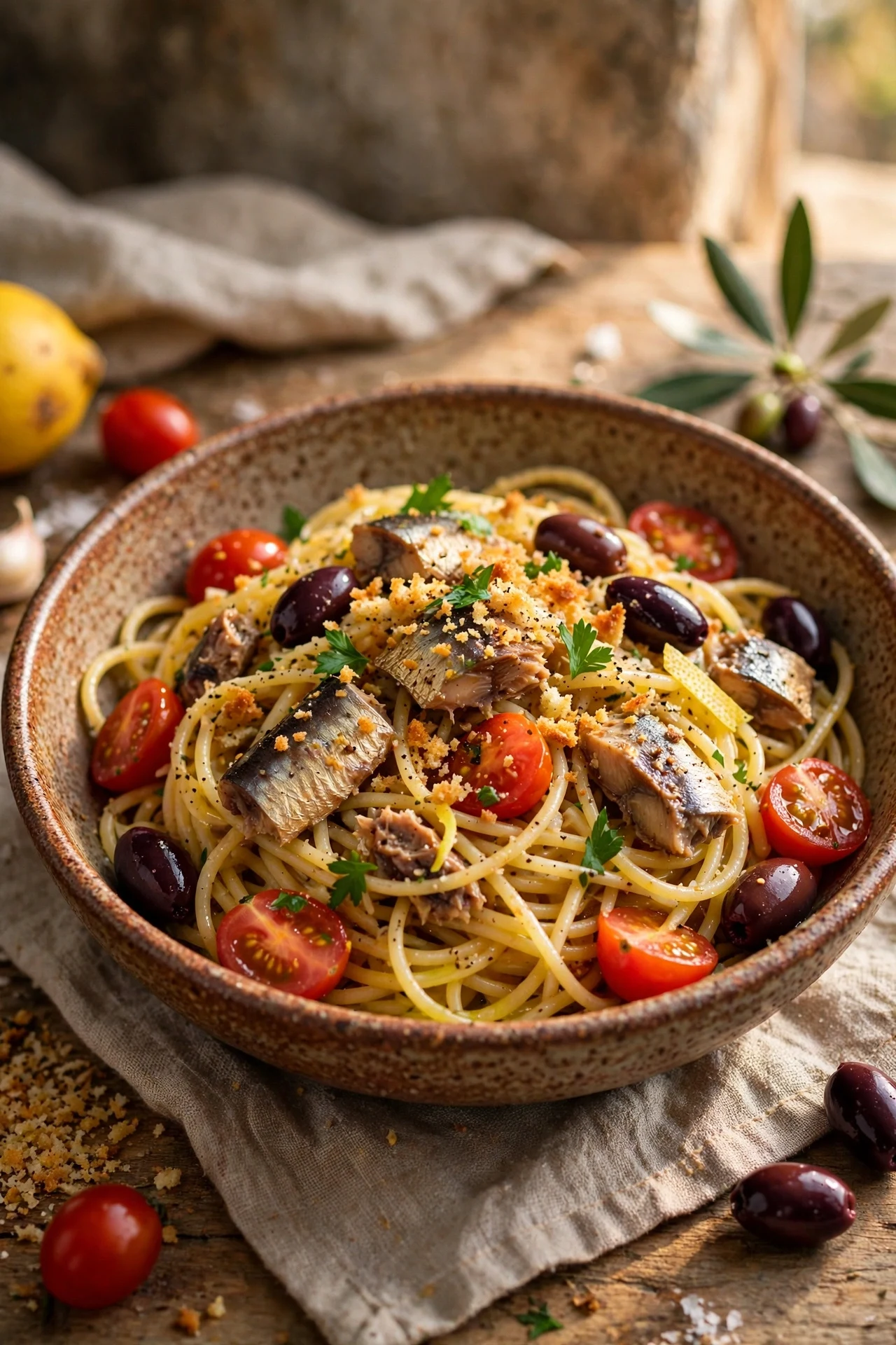 Mediterranean sardine pasta with spaghetti, sardine chunks, cherry tomatoes, olives and toasted breadcrumbs