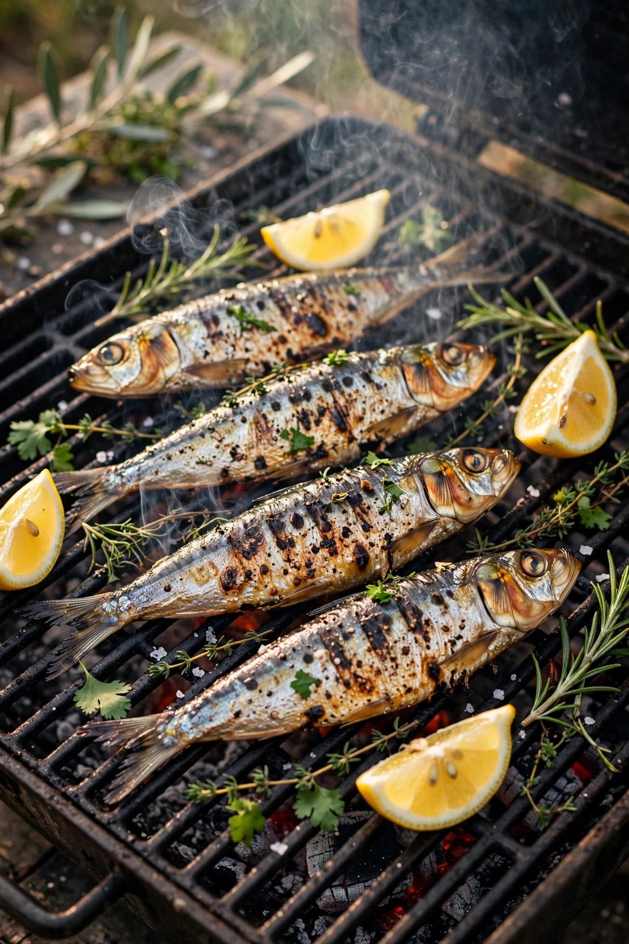 Grilled sardines with herbs on a grill with char marks, lemon wedges and fresh herbs beside them