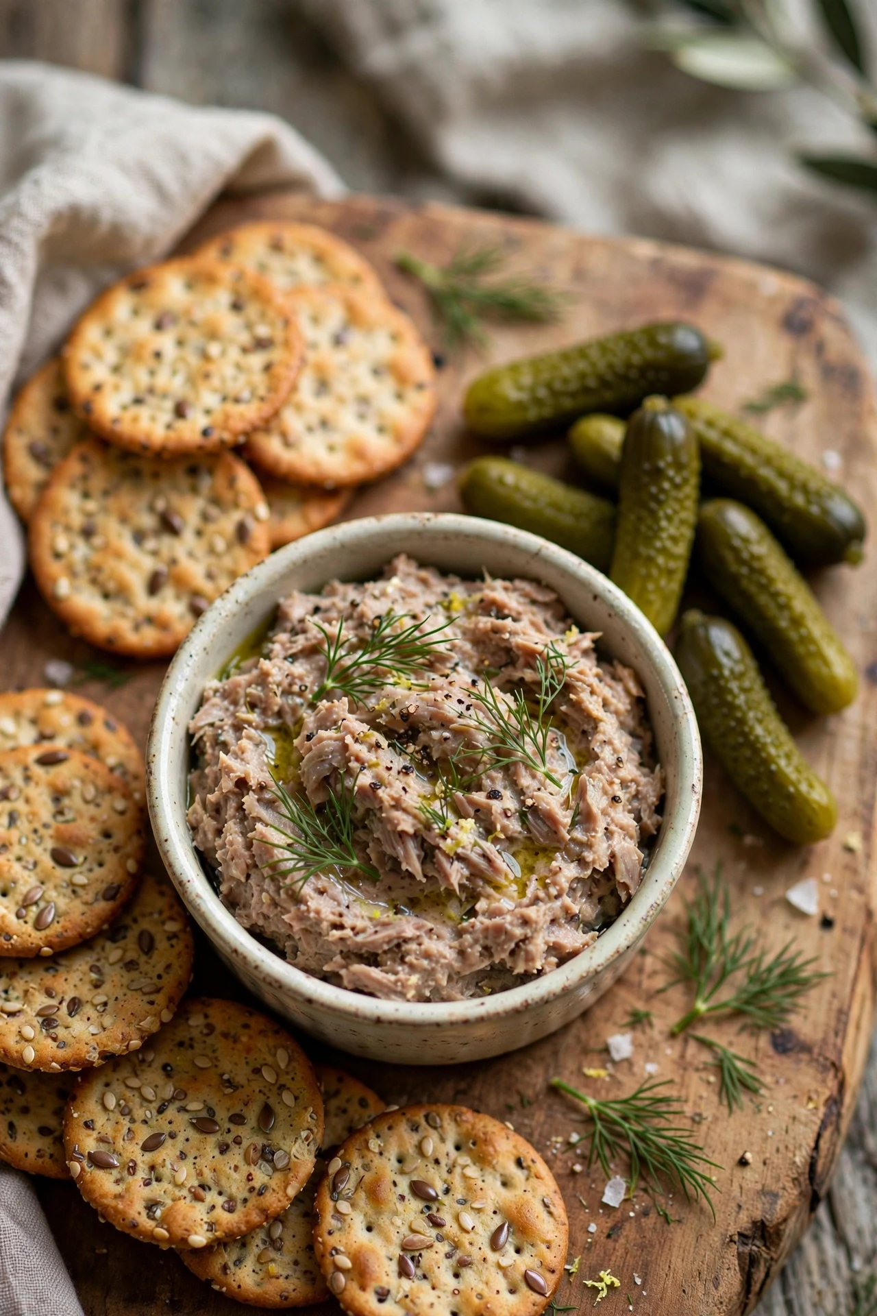 Sardine pate rillettes in a ramekin with crackers, cornichons and fresh dill on a wooden board