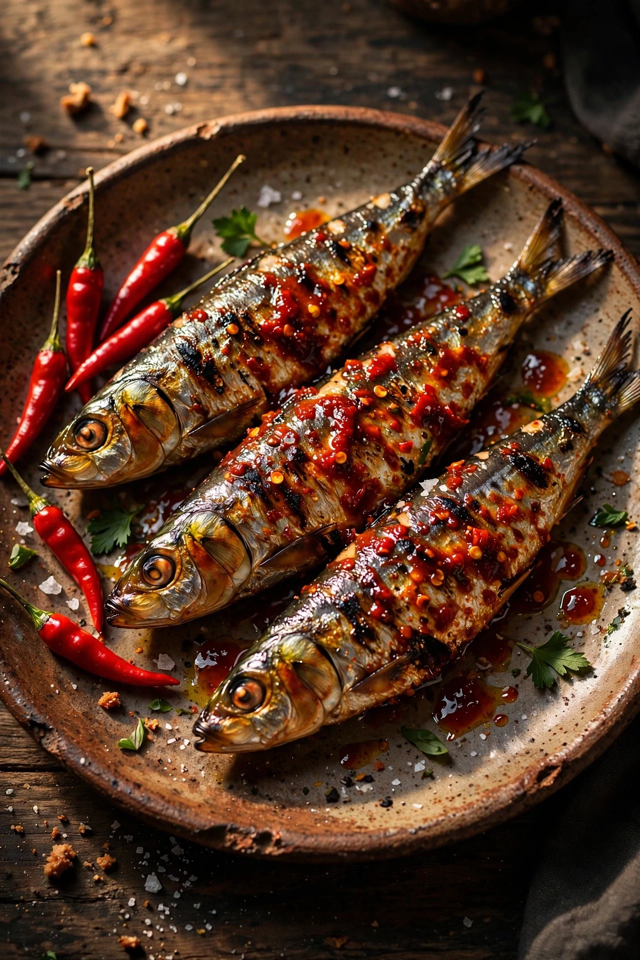 Portuguese piri piri sardines glazed with spicy red chili sauce, grilled with charred edges
