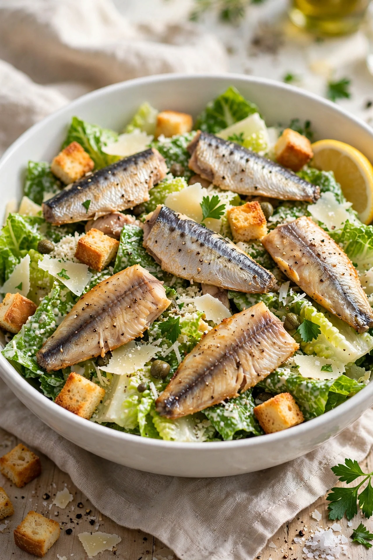 Sardine Caesar salad with romaine, sardine fillets, croutons and parmesan in a large bowl
