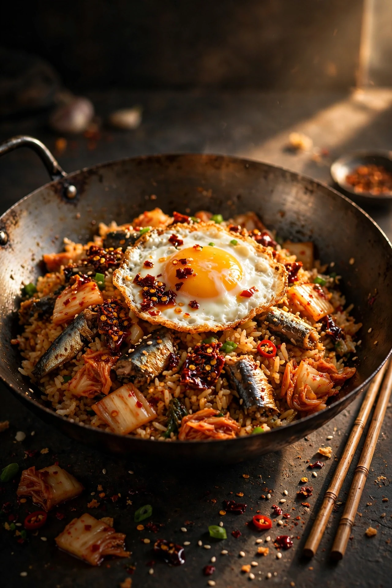 Spicy sardine fried rice in a wok with sardine chunks, kimchi, chili crisp and a fried egg on top