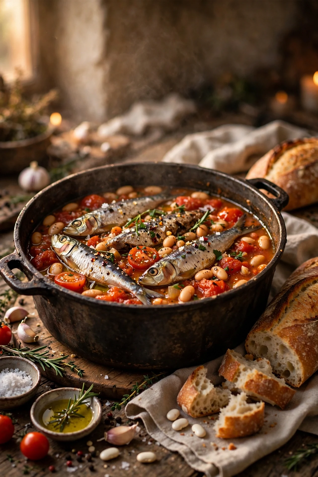 Sardine and white bean stew in a rustic pot with tomatoes, white beans and sardines, crusty bread beside it