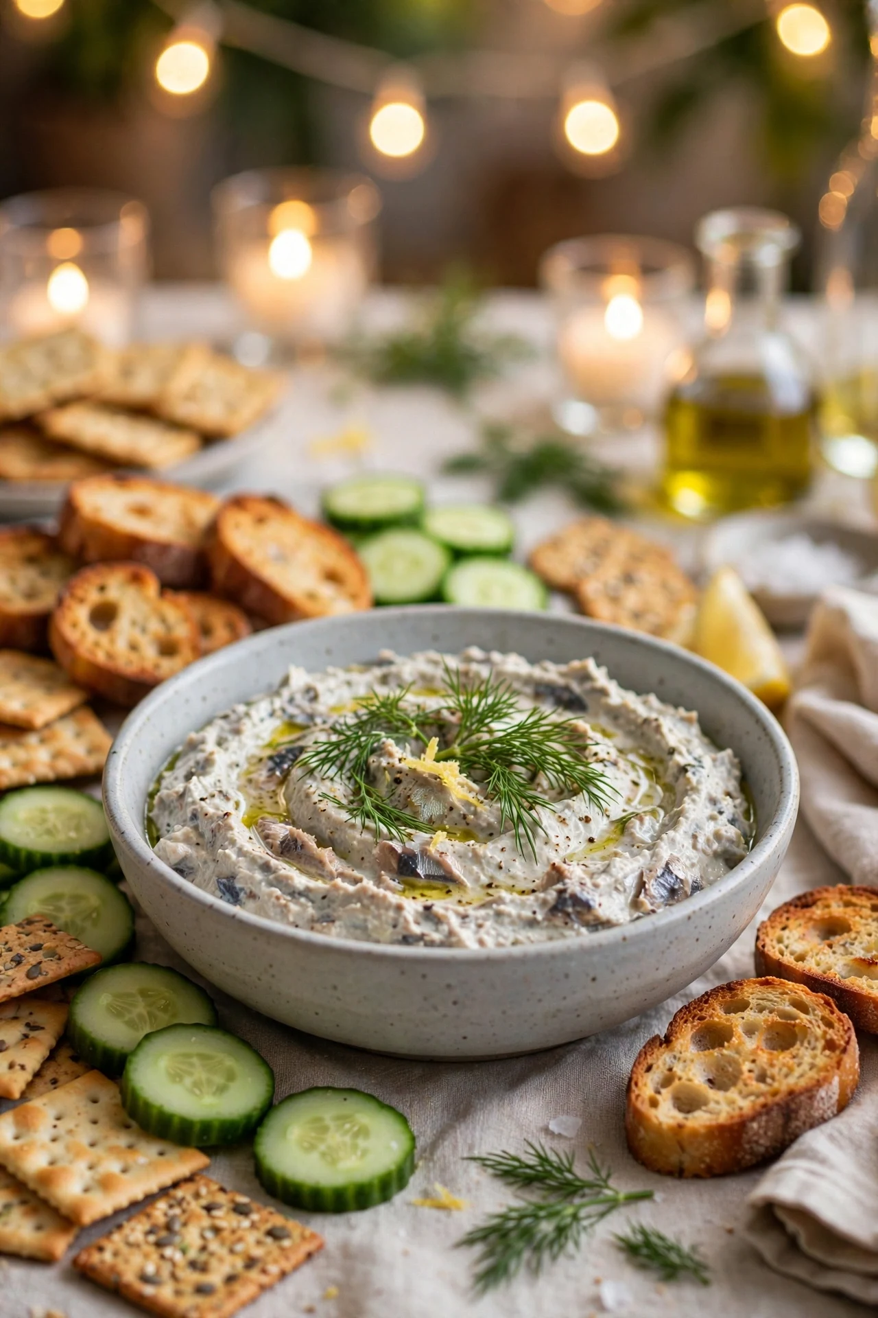 Smoked sardine dip in a bowl with crackers, crostini and cucumber slices, dill on top